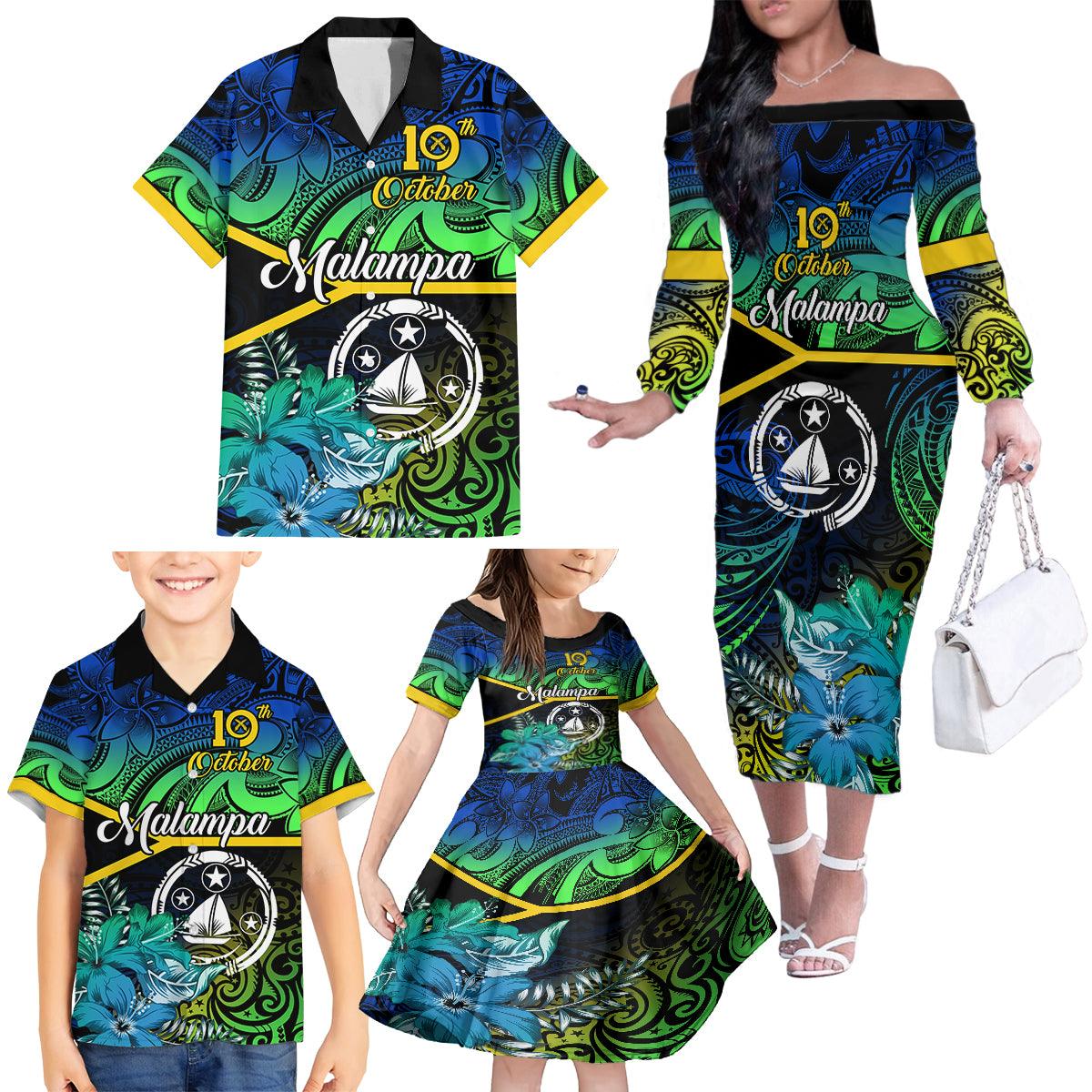 Malampa Day Family Matching Off Shoulder Long Sleeve Dress and Hawaiian Shirt Vanuatu Flowers with Malampa Emblem Tribal Pattern - Wonder Print Shop