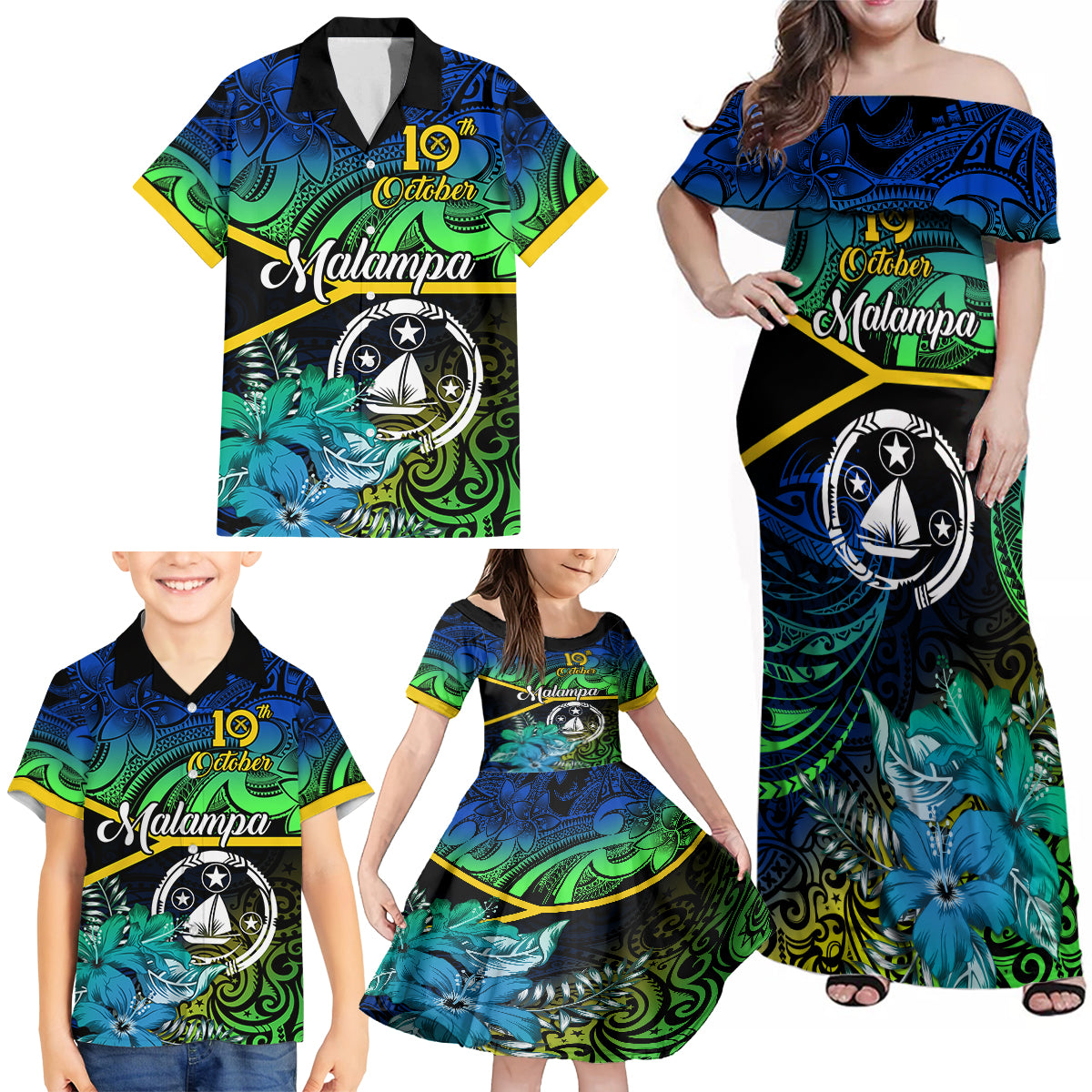 Malampa Day Family Matching Off Shoulder Maxi Dress and Hawaiian Shirt Vanuatu Flowers with Malampa Emblem Tribal Pattern LT9 - Wonder Print Shop