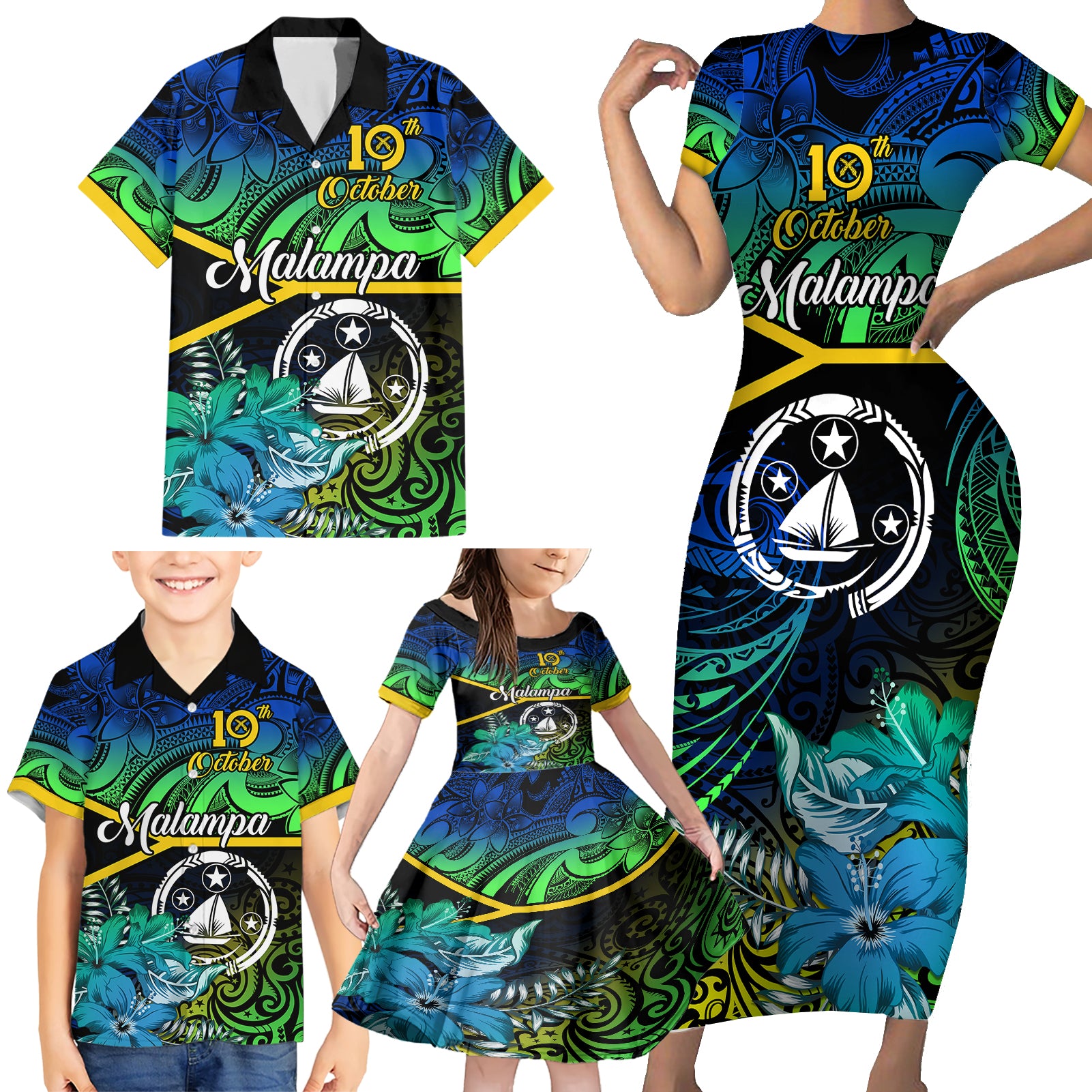 Malampa Day Family Matching Short Sleeve Bodycon Dress and Hawaiian Shirt Vanuatu Flowers with Malampa Emblem Tribal Pattern - Wonder Print Shop