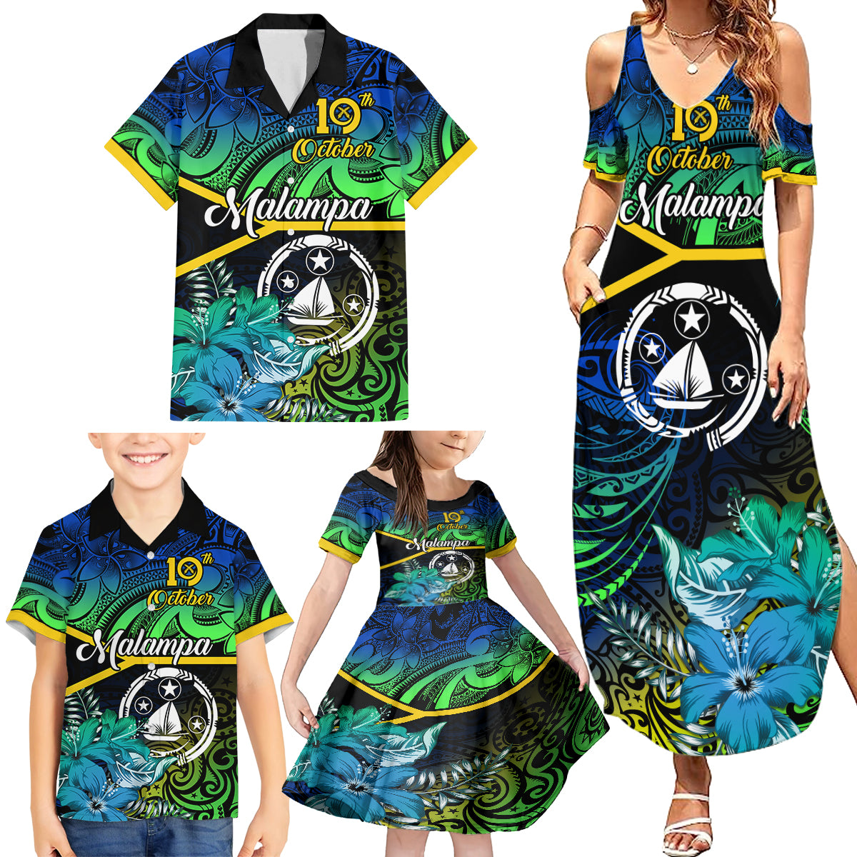 Malampa Day Family Matching Summer Maxi Dress and Hawaiian Shirt Vanuatu Flowers with Malampa Emblem Tribal Pattern - Wonder Print Shop