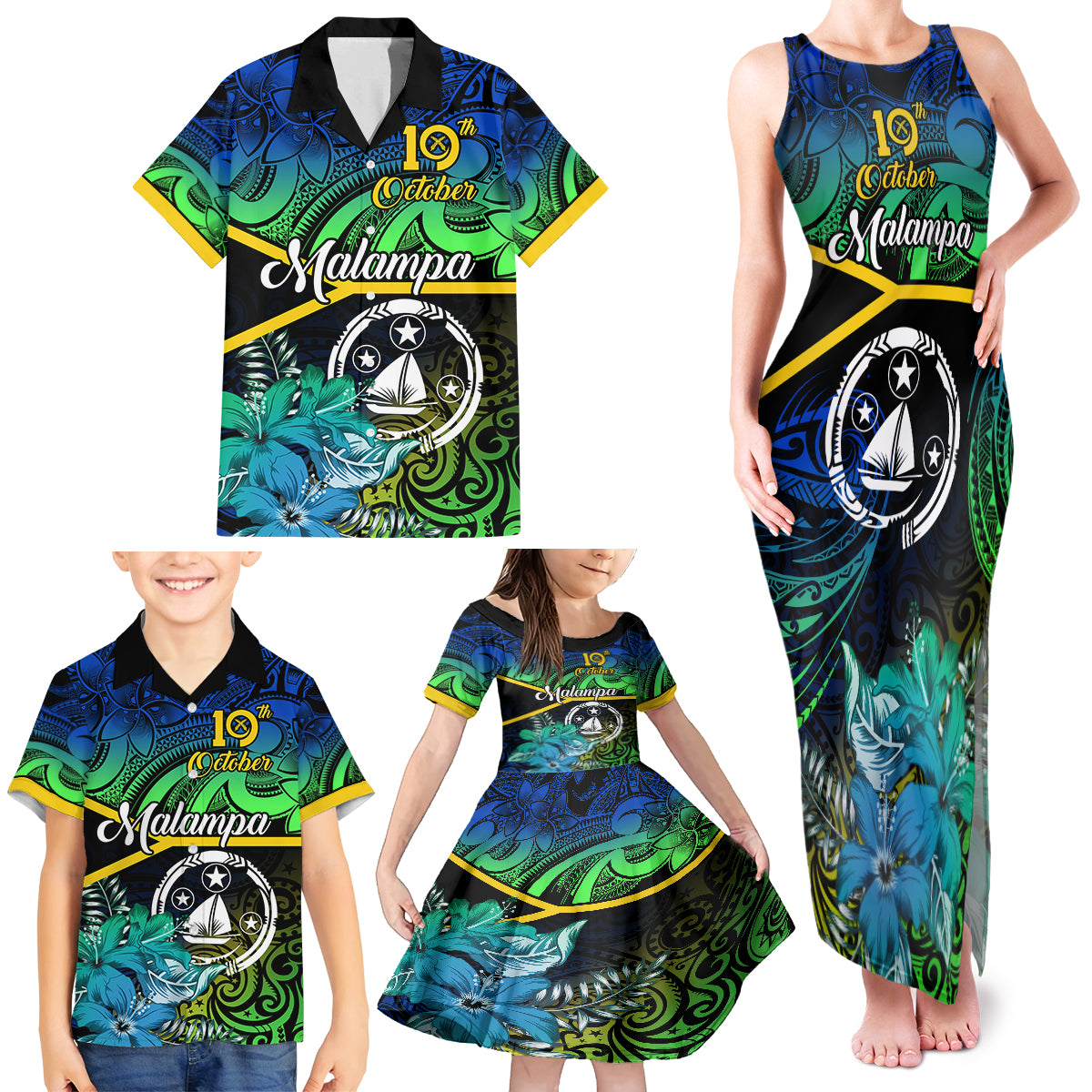 Malampa Day Family Matching Tank Maxi Dress and Hawaiian Shirt Vanuatu Flowers with Malampa Emblem Tribal Pattern - Wonder Print Shop