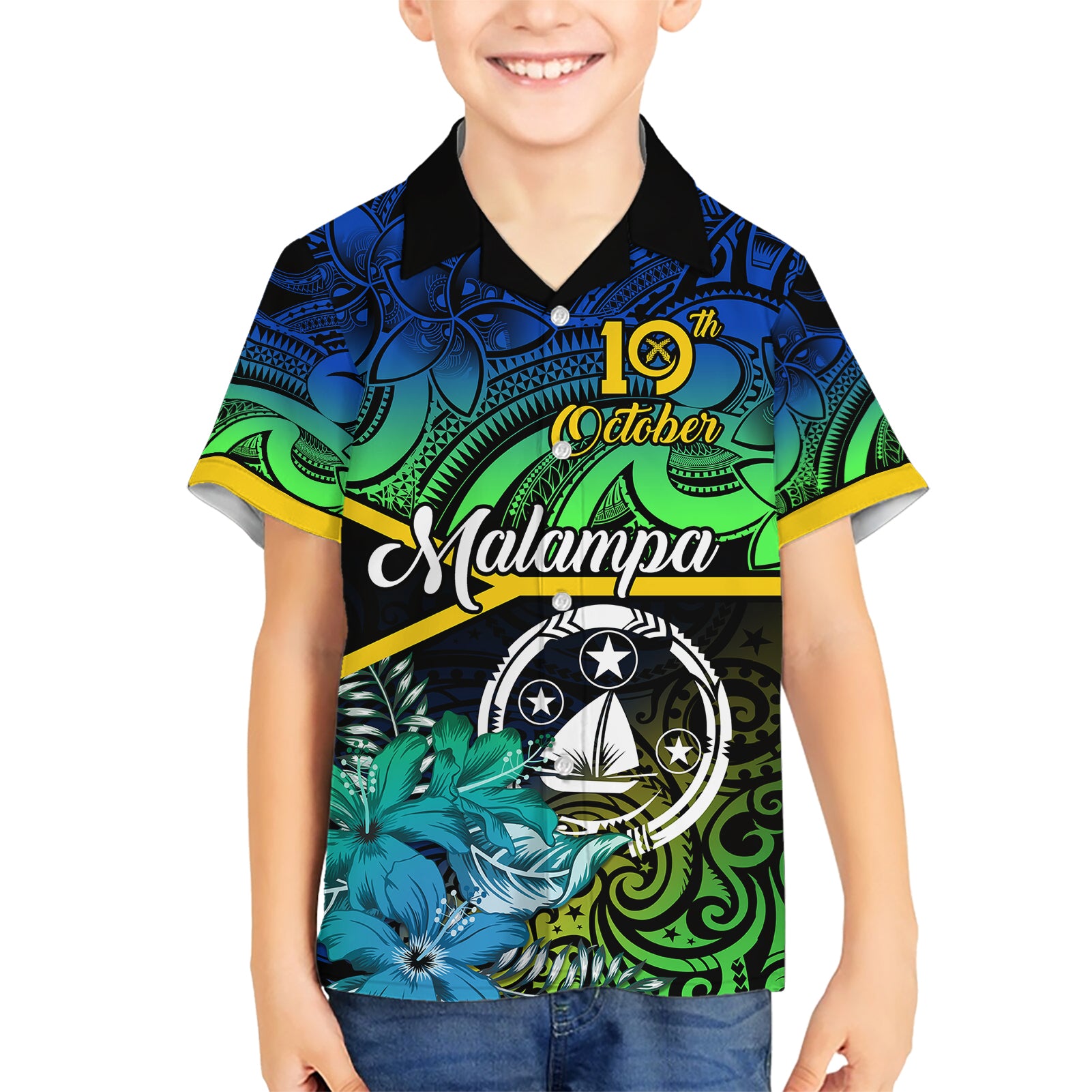 Malampa Day Kid Hawaiian Shirt Vanuatu Flowers with Malampa Emblem Tribal Pattern - Wonder Print Shop