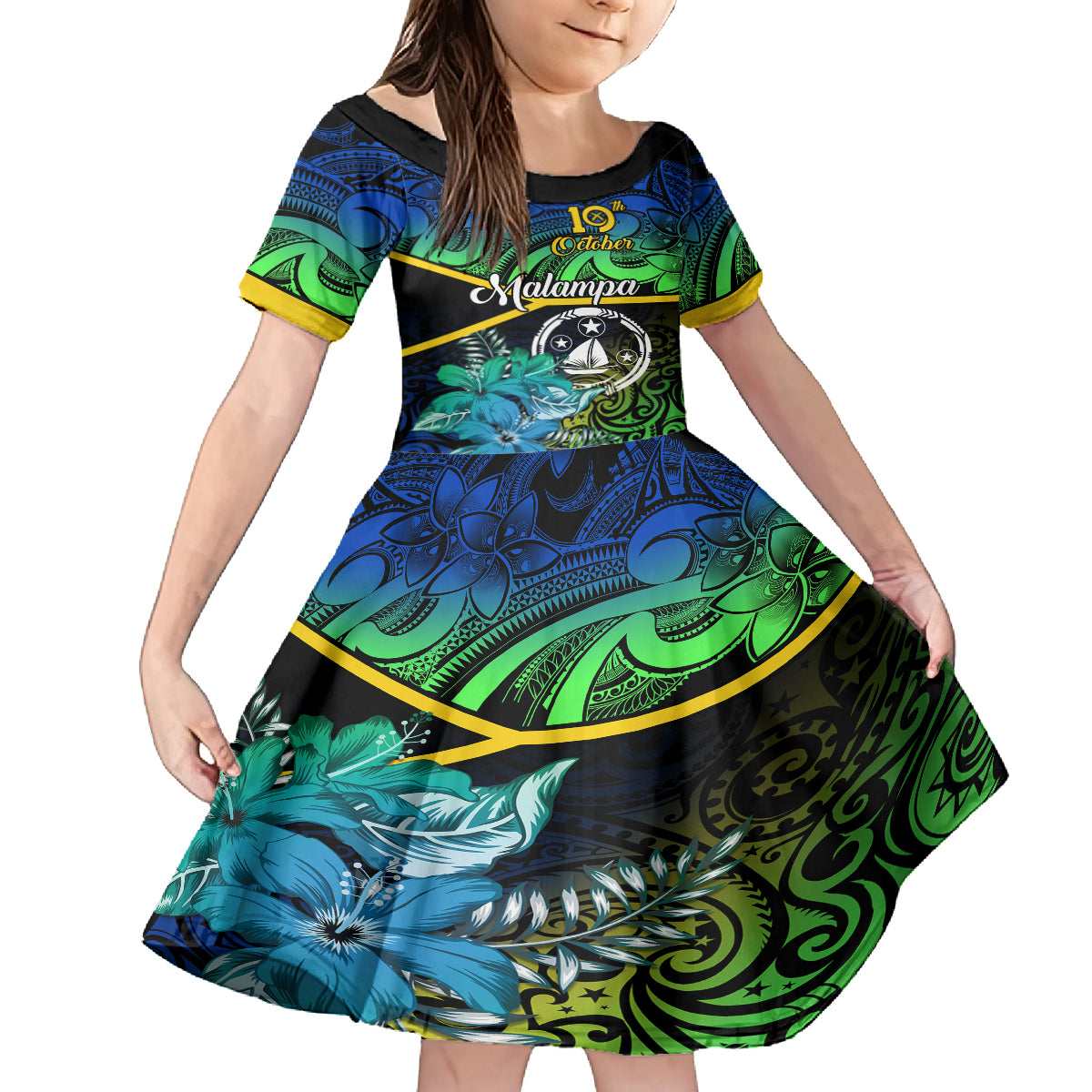 Malampa Day Kid Short Sleeve Dress Vanuatu Flowers with Malampa Emblem Tribal Pattern - Wonder Print Shop