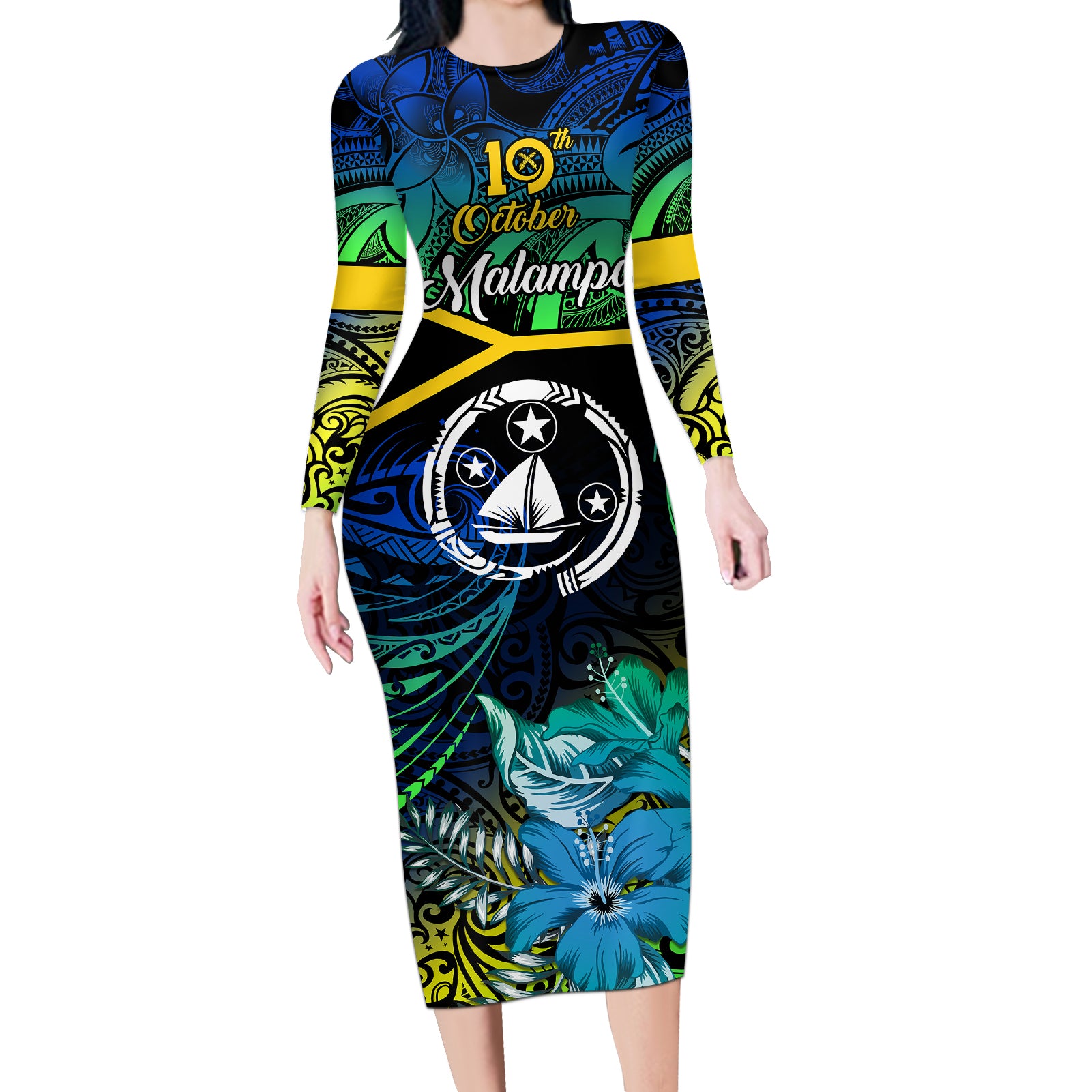 Malampa Day Long Sleeve Bodycon Dress Vanuatu Flowers with Malampa Emblem Tribal Pattern - Wonder Print Shop