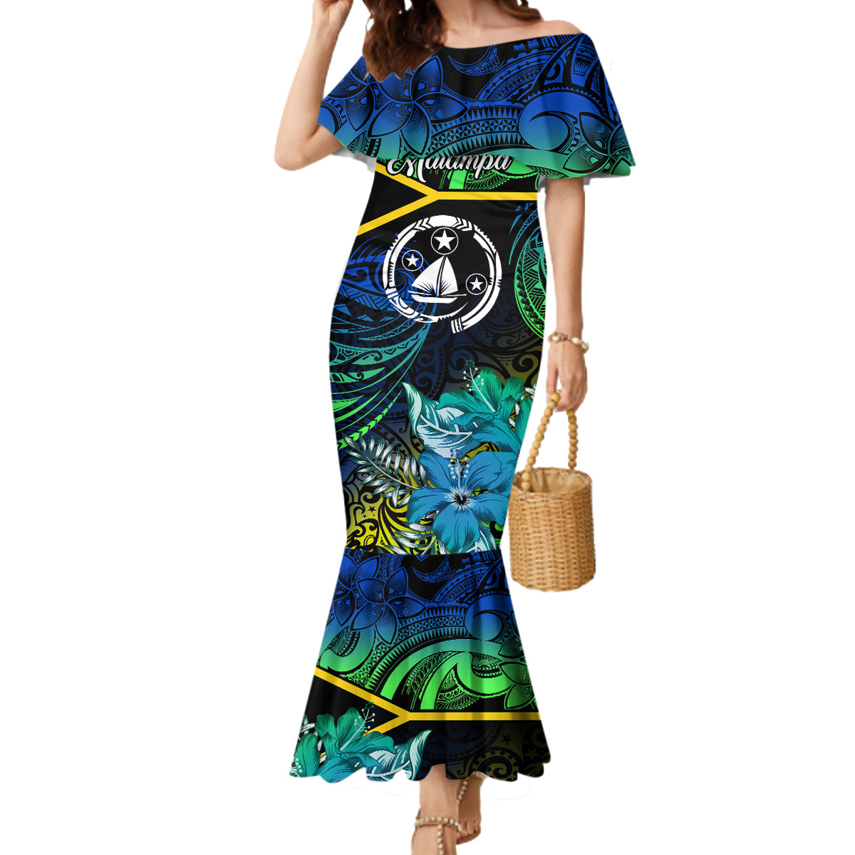 Malampa Day Mermaid Dress Vanuatu Flowers with Malampa Emblem Tribal Pattern - Wonder Print Shop