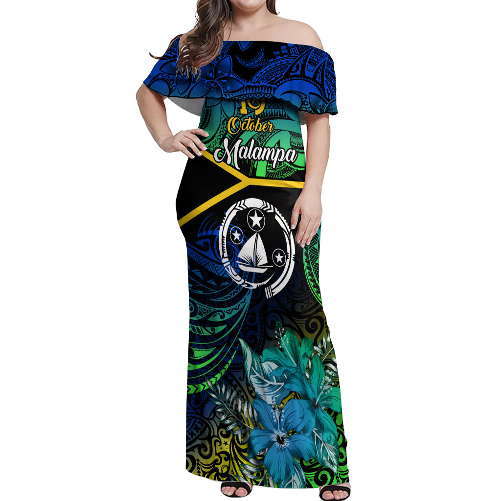 Malampa Day Off Shoulder Maxi Dress Vanuatu Flowers with Malampa Emblem Tribal Pattern - Wonder Print Shop