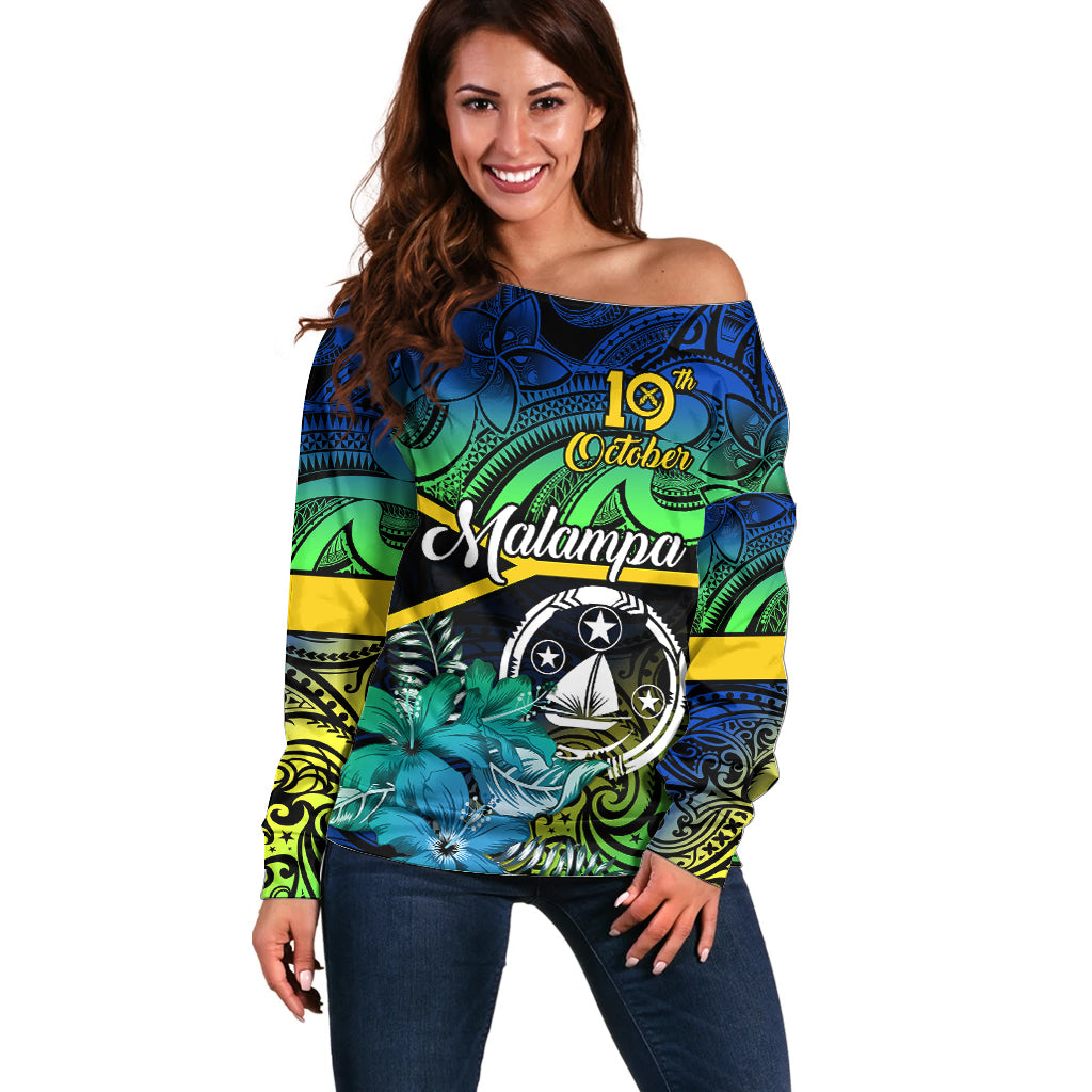 Malampa Day Off Shoulder Sweater Vanuatu Flowers with Malampa Emblem Tribal Pattern - Wonder Print Shop