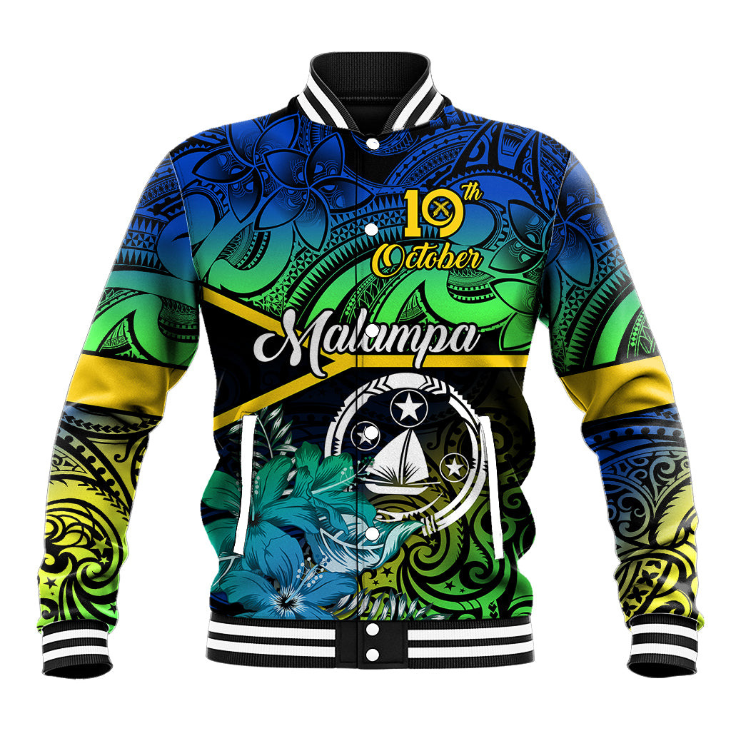 Unisex baseball jacket with blue-green floral tribal print, Malampa emblem, striped rib trim