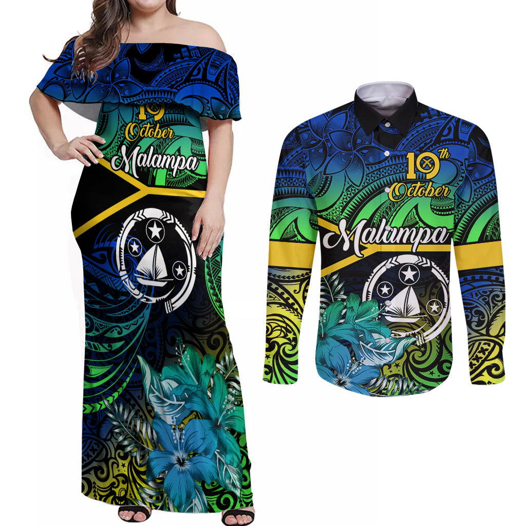 Personalised Malampa Day Couples Matching Off Shoulder Maxi Dress and Long Sleeve Button Shirts Vanuatu Flowers with Malampa Emblem Tribal Pattern LT9 - Wonder Print Shop