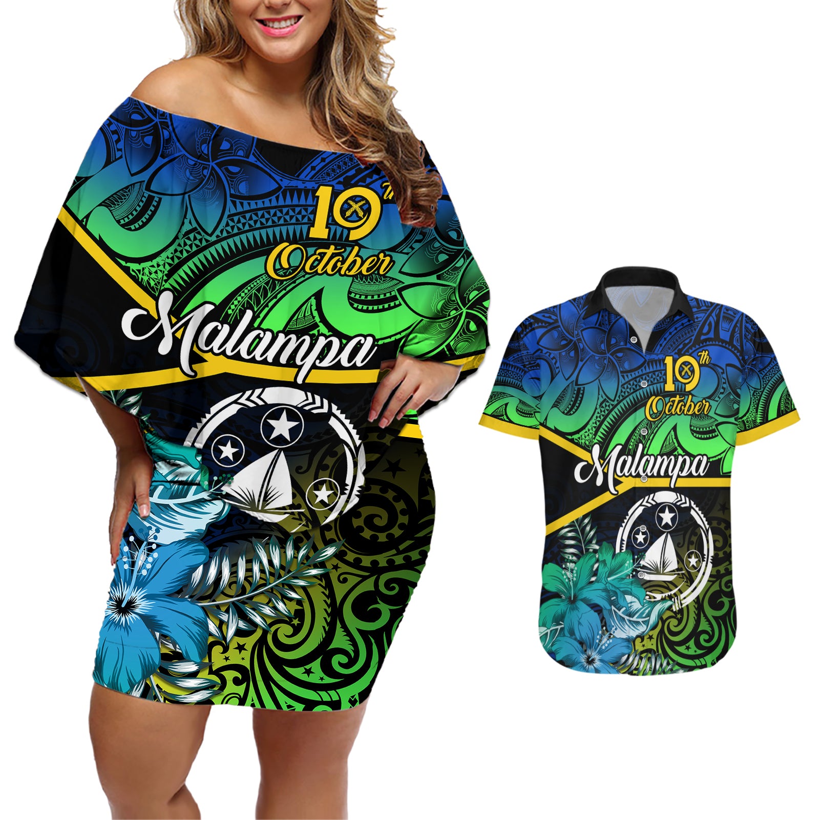 Personalised Malampa Day Couples Matching Off Shoulder Short Dress and Hawaiian Shirt Vanuatu Flowers with Malampa Emblem Tribal Pattern LT9 - Wonder Print Shop