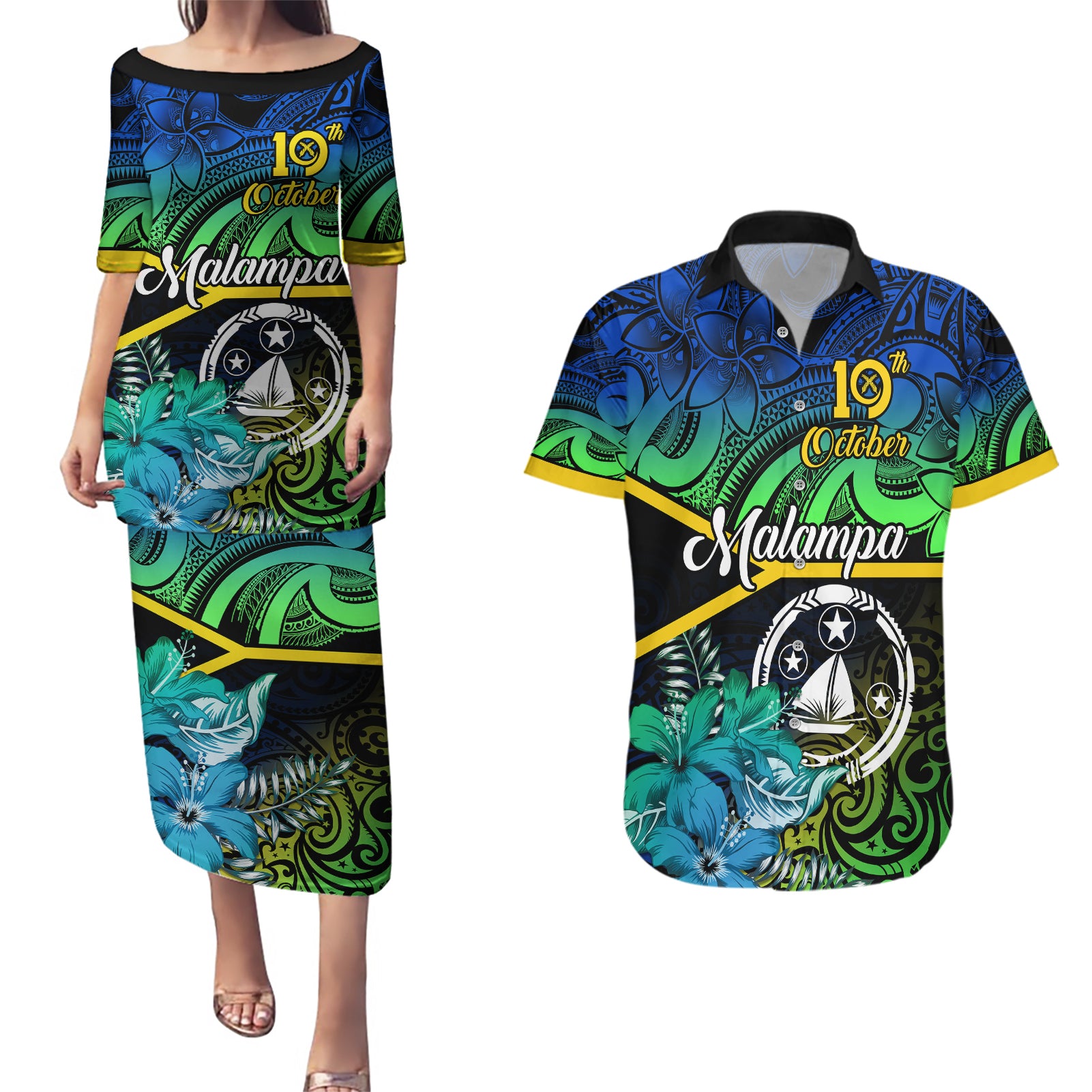 Personalised Malampa Day Couples Matching Puletasi Dress and Hawaiian Shirt Vanuatu Flowers with Malampa Emblem Tribal Pattern LT9 - Wonder Print Shop