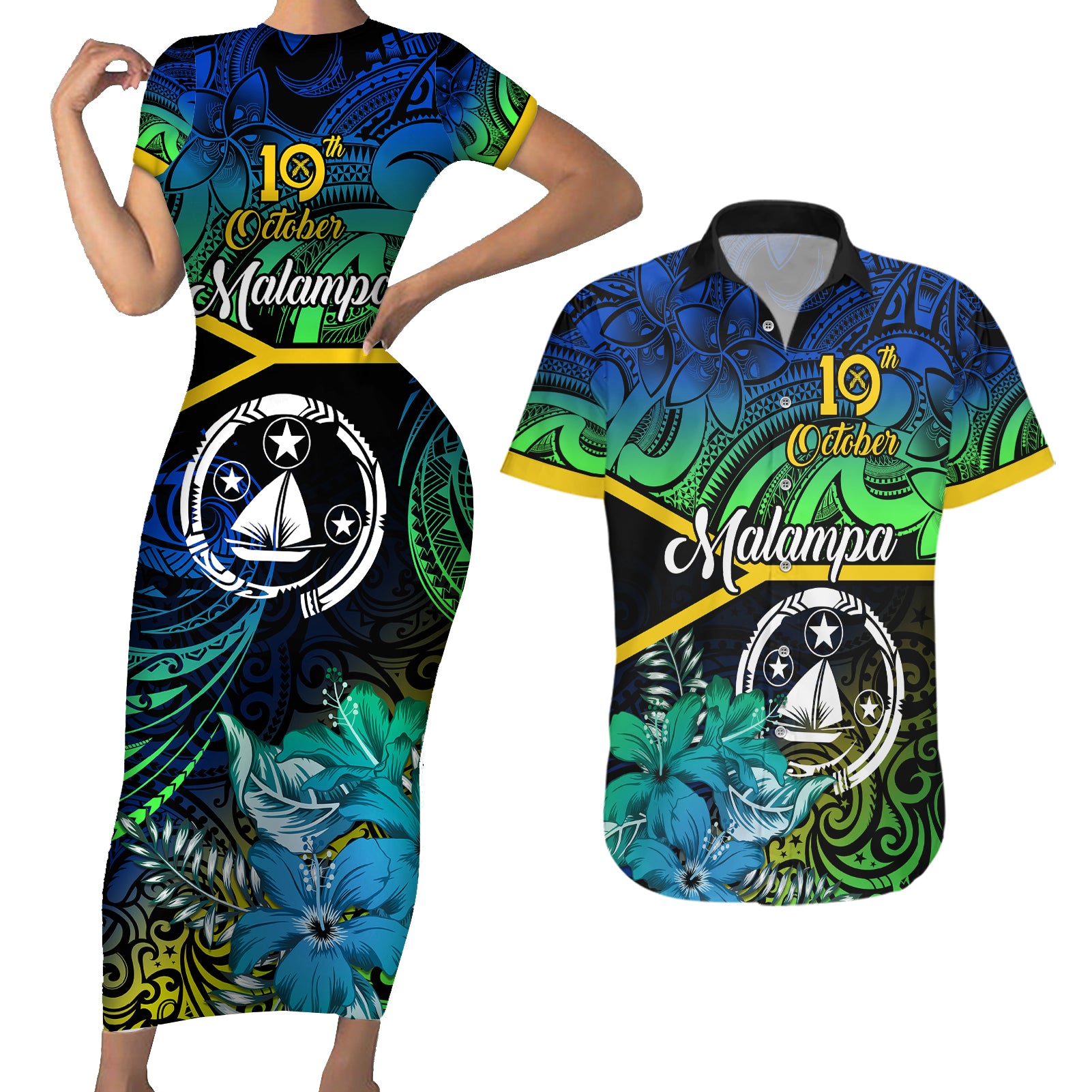 Personalised Malampa Day Couples Matching Short Sleeve Bodycon Dress and Hawaiian Shirt Vanuatu Flowers with Malampa Emblem Tribal Pattern LT9 - Wonder Print Shop