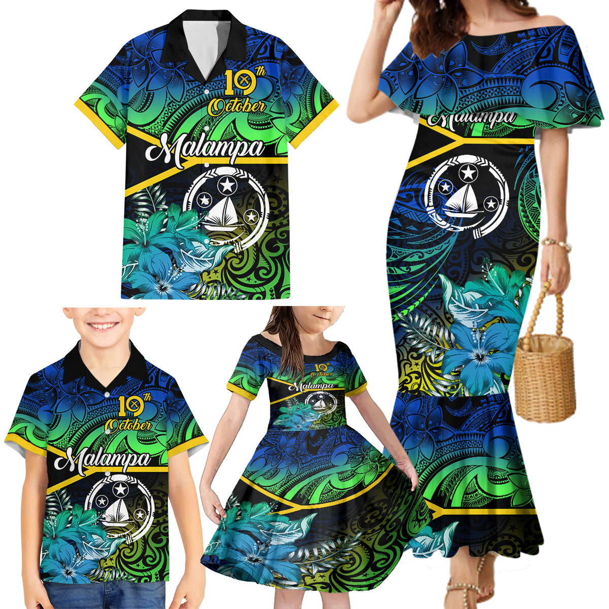 Personalised Malampa Day Family Matching Mermaid Dress and Hawaiian Shirt Vanuatu Flowers with Malampa Emblem Tribal Pattern LT9 - Wonder Print Shop