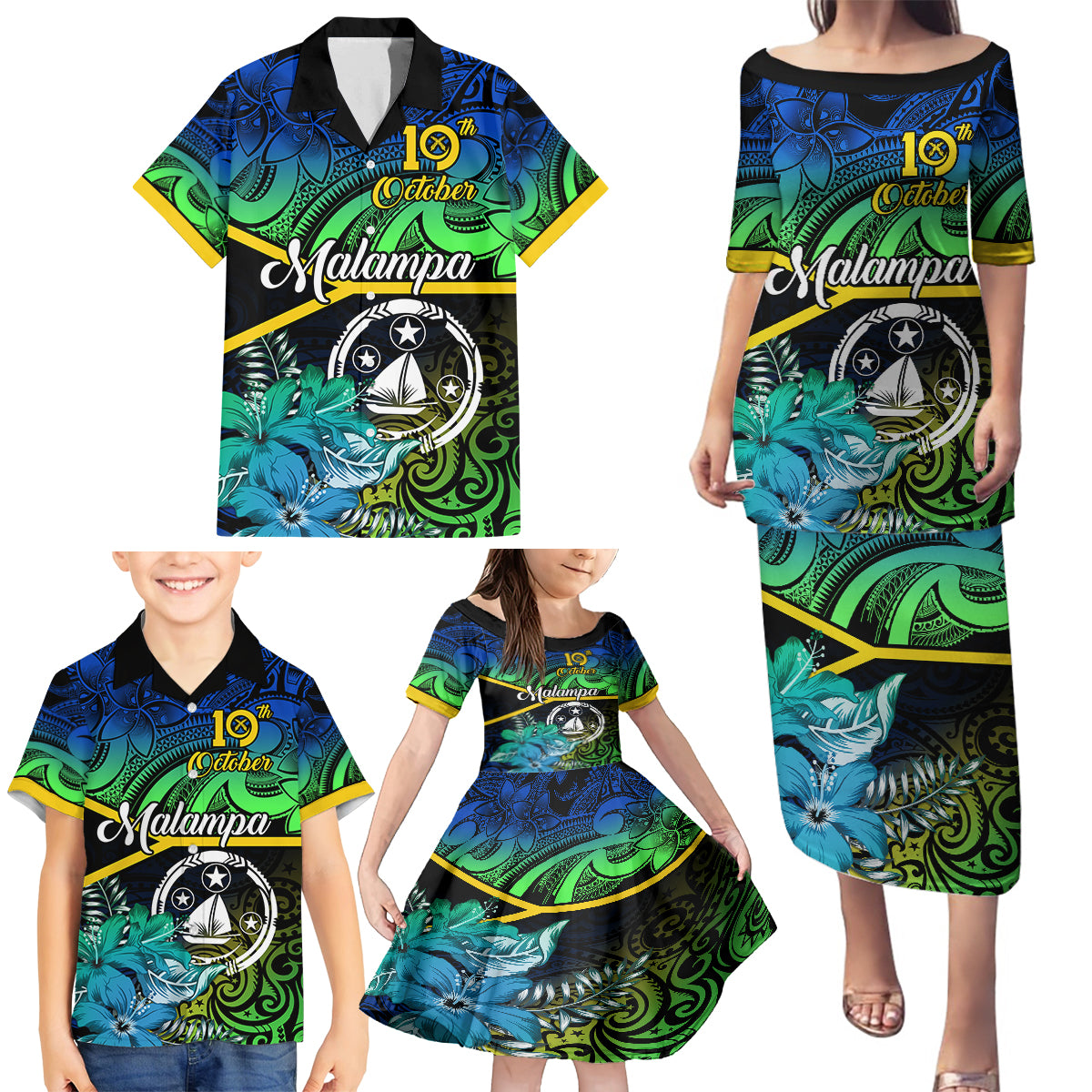 Personalised Malampa Day Family Matching Puletasi Dress and Hawaiian Shirt Vanuatu Flowers with Malampa Emblem Tribal Pattern - Wonder Print Shop