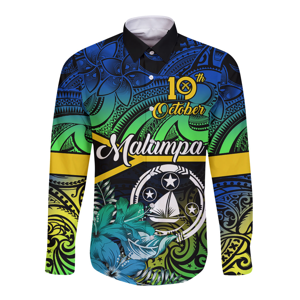 Long-sleeve button shirt with black base, Malampa emblem, blue/green tribal floral print