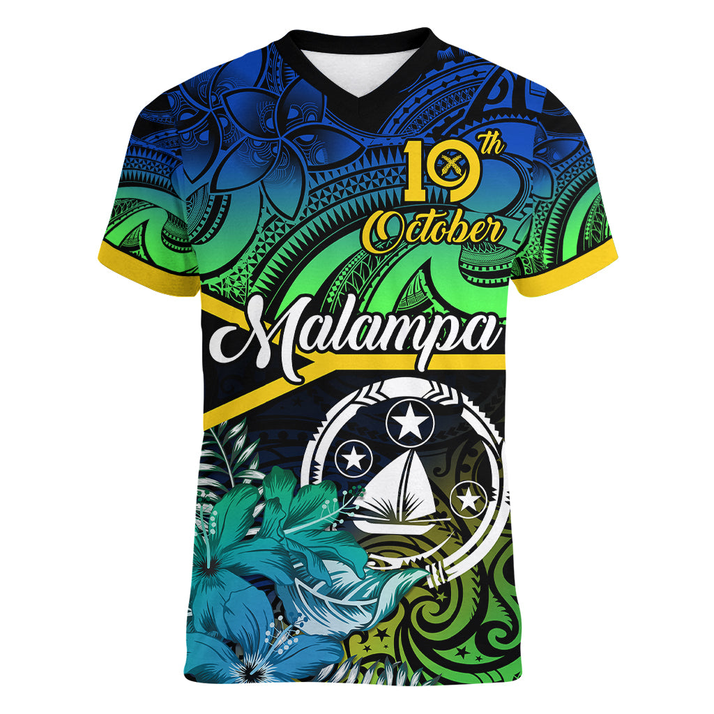 Personalised Malampa Day Women V Neck T Shirt Vanuatu Flowers with Malampa Emblem Tribal Pattern - Wonder Print Shop