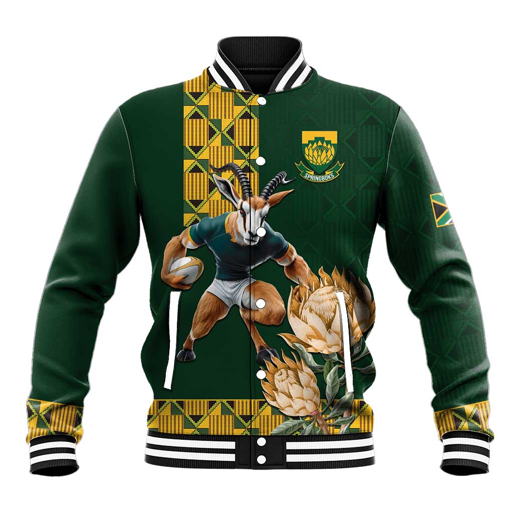 Green baseball jacket with springbok and floral graphic, ribbed collar and striped cuffs