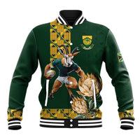 Green baseball jacket with springbok and floral graphic, ribbed collar and striped cuffs