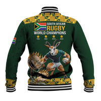 Green baseball jacket back print with South African Rugby World Champions text, ribbed hem