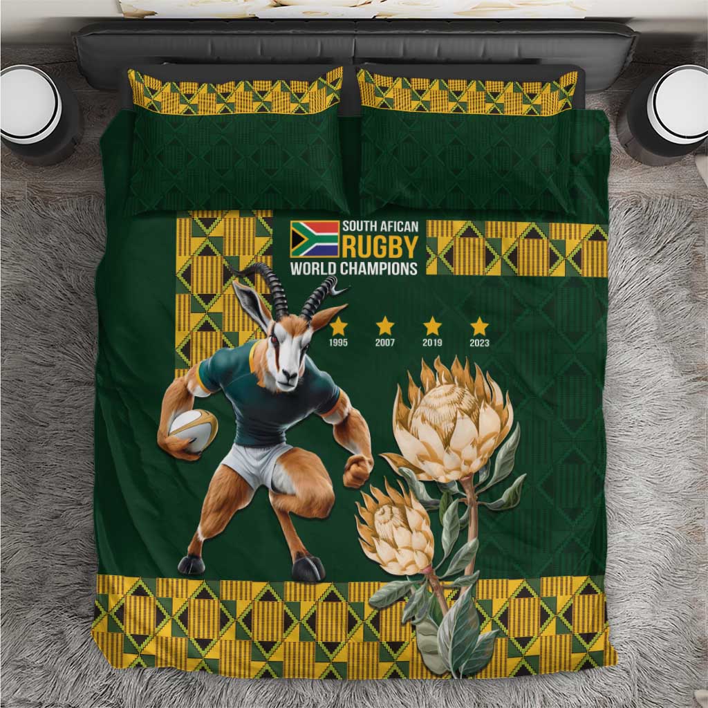 Green South African rugby world champions bedding set with boxer dog and protea design