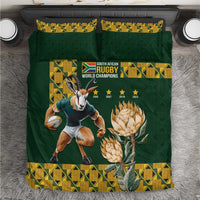 Green South African rugby world champions bedding set with boxer dog and protea design