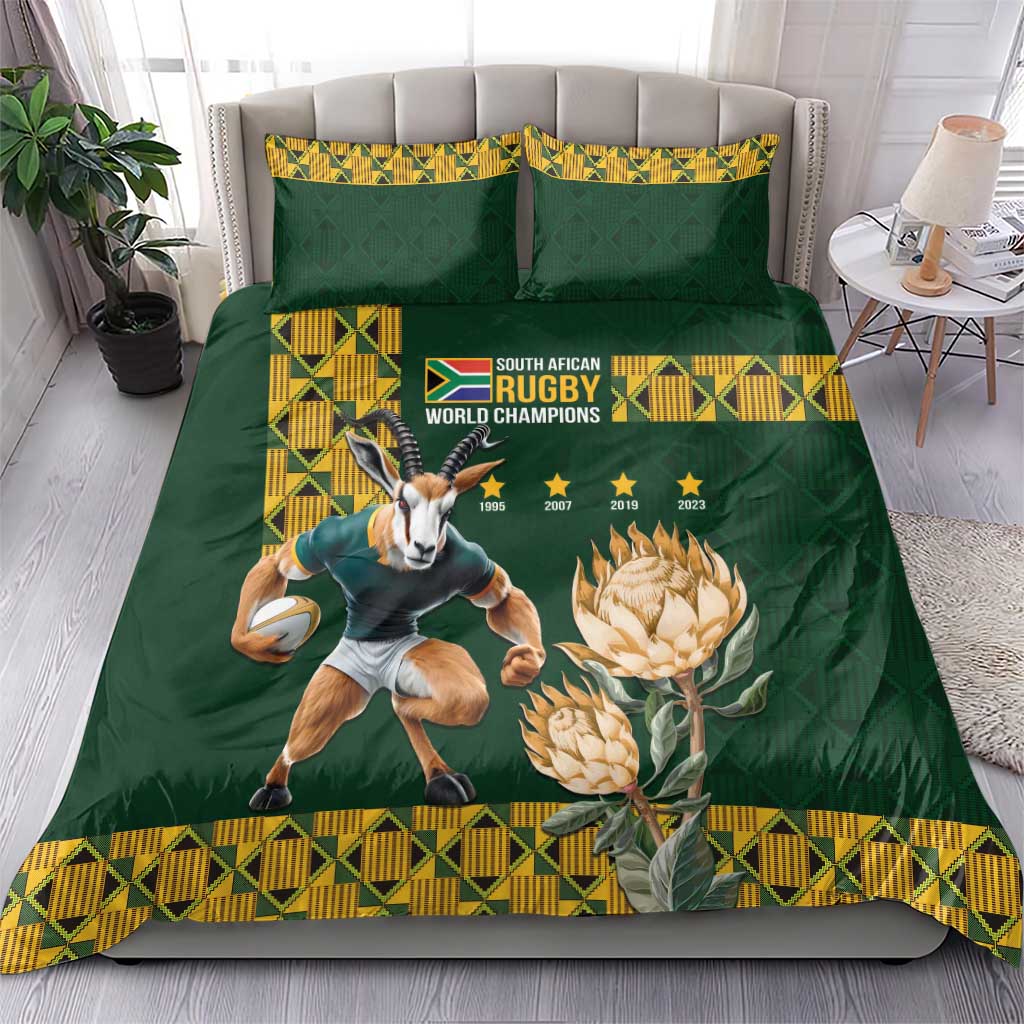 Green duvet and pillowcases featuring South African rugby world champions logo, dog and proteas