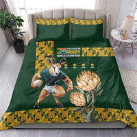 Green duvet and pillowcases featuring South African rugby world champions logo, dog and proteas