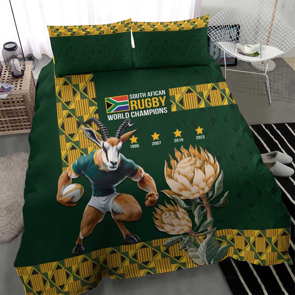 Green bedding set with South African rugby world champions emblem, running boxer dog and flowers