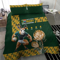 Green bedding set with South African rugby world champions emblem, running boxer dog and flowers