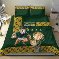 Green duvet and pillows with South African rugby world champions print, dog player and protea