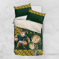Green bedding set with rugby world champions artwork, boxer dog and protea flowers, yellow border