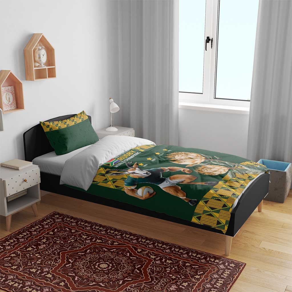 Green duvet cover and pillows with rugby world champions graphics and protea floral artwork