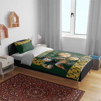 Green duvet cover and pillows with rugby world champions graphics and protea floral artwork