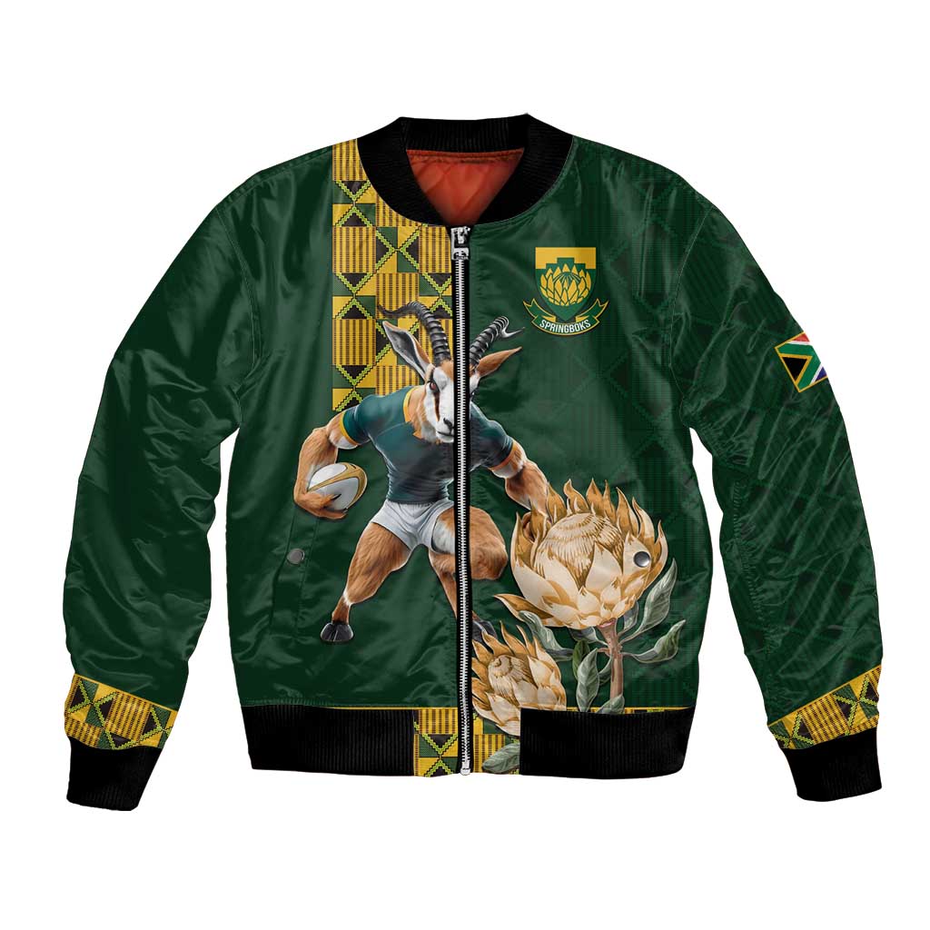 Green unisex bomber jacket with front zipper and rugby goat with protea graphic