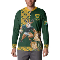 Green rugby button sweatshirt on model: yellow-pattern chest panel, animal-and-flower print, logo