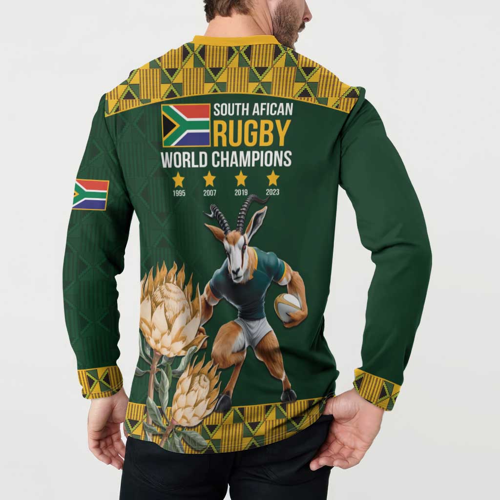 Green rugby sweatshirt back on model: 'World Champions' text with years, animal and protea artwork