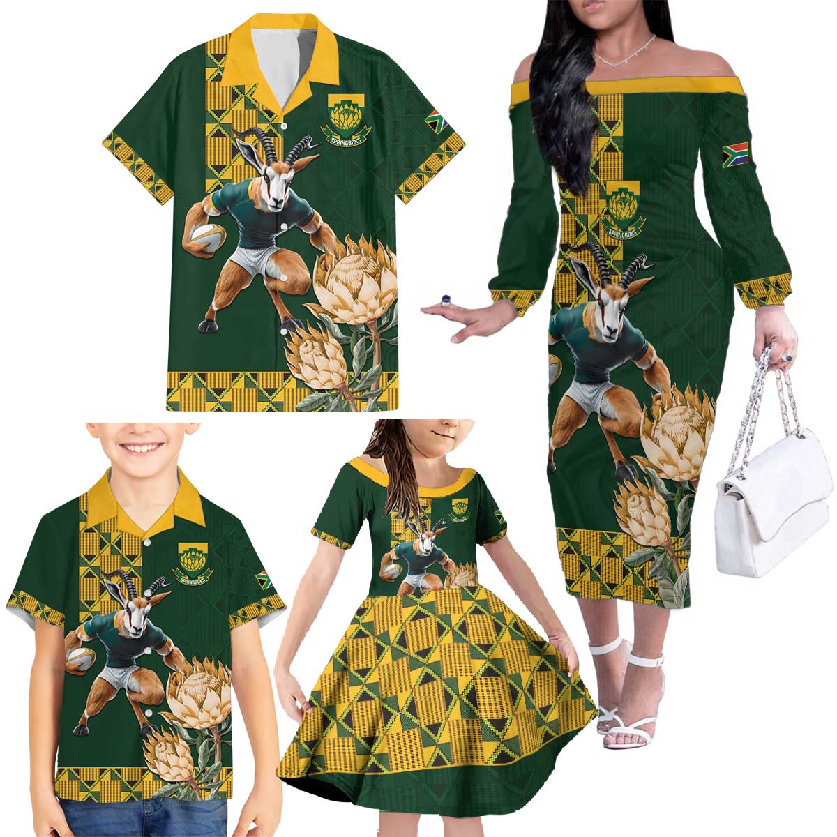 South Africa Rugby History World Champions Family Matching Off The Shoulder Long Sleeve Dress and Hawaiian Shirt Springboks Make History - Wonder Print Shop