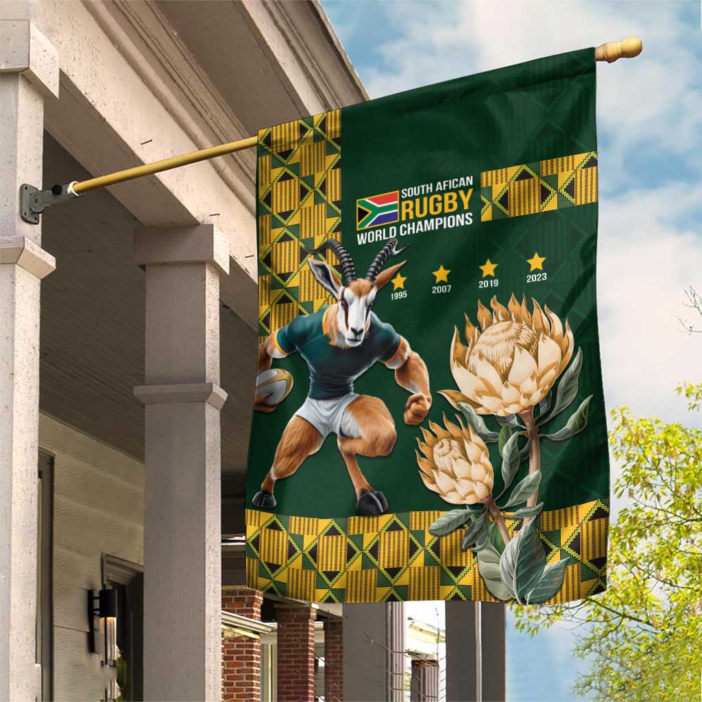 Green rugby garden flag with Springbok player, protea flowers, and World Champions badge