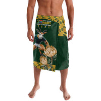 Green lavalava (sarong) with rugby World Champions emblem and animal graphic