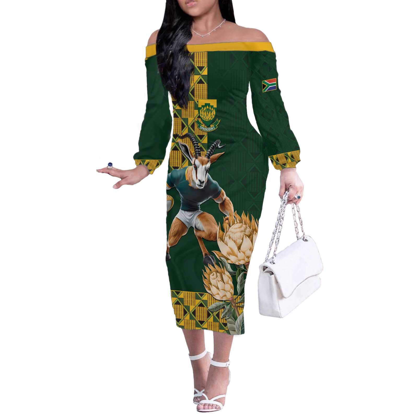 South Africa Rugby History World Champions Off The Shoulder Long Sleeve Dress Springboks Make History - Wonder Print Shop