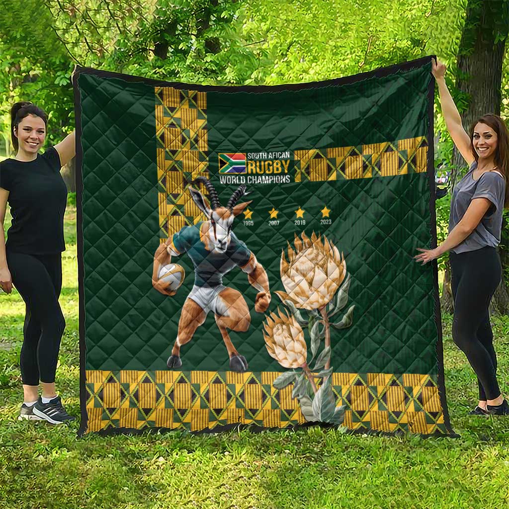 Green rugby quilt blanket with yellow geometric trim and Springbok action graphic