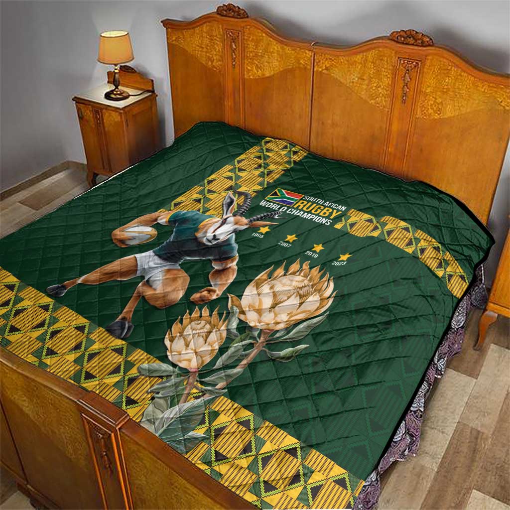 Green bed quilt with yellow-and-green rugby print, Springbok runner and protea flowers