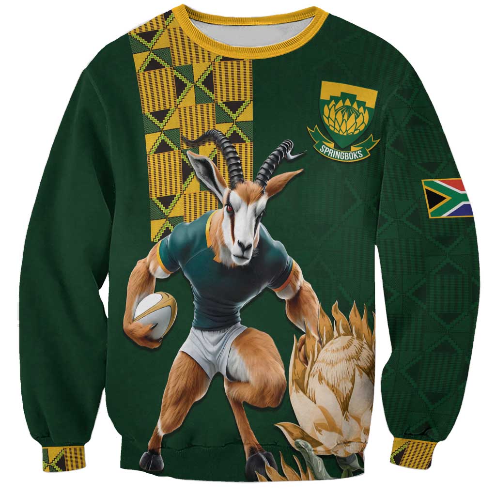 Green sweatshirt with yellow check pattern and springbok rugby ball graphic