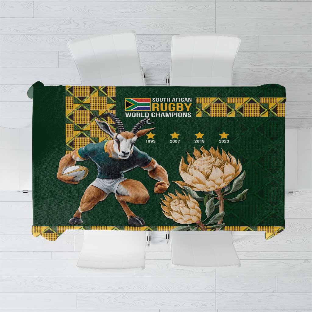 Green rugby-themed tablecloth with Springbok figure and gold emblem panel