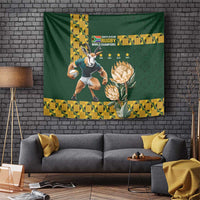 Green rugby world champions tapestry with Springbok player, gold banner, and protea flowers