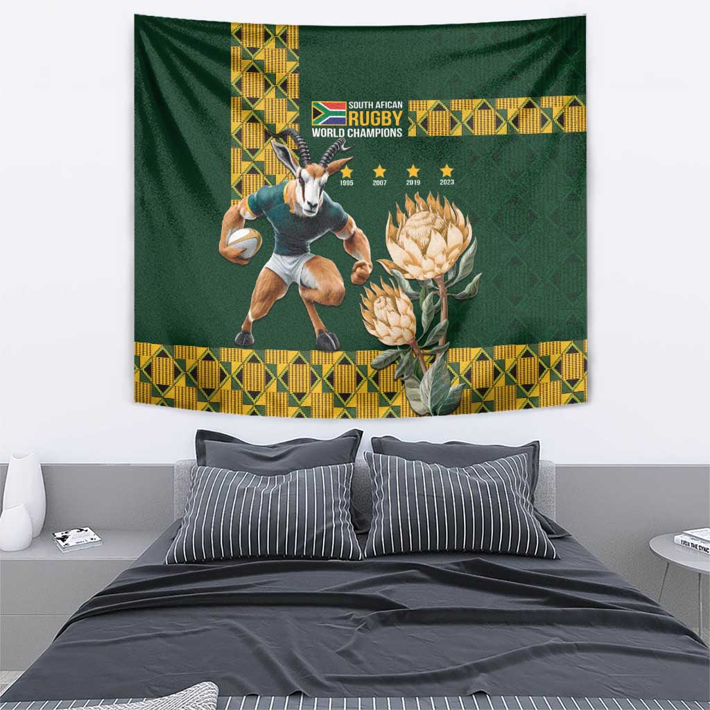 Green rugby world champions tapestry with Springbok player and protea flowers, gold patterned border