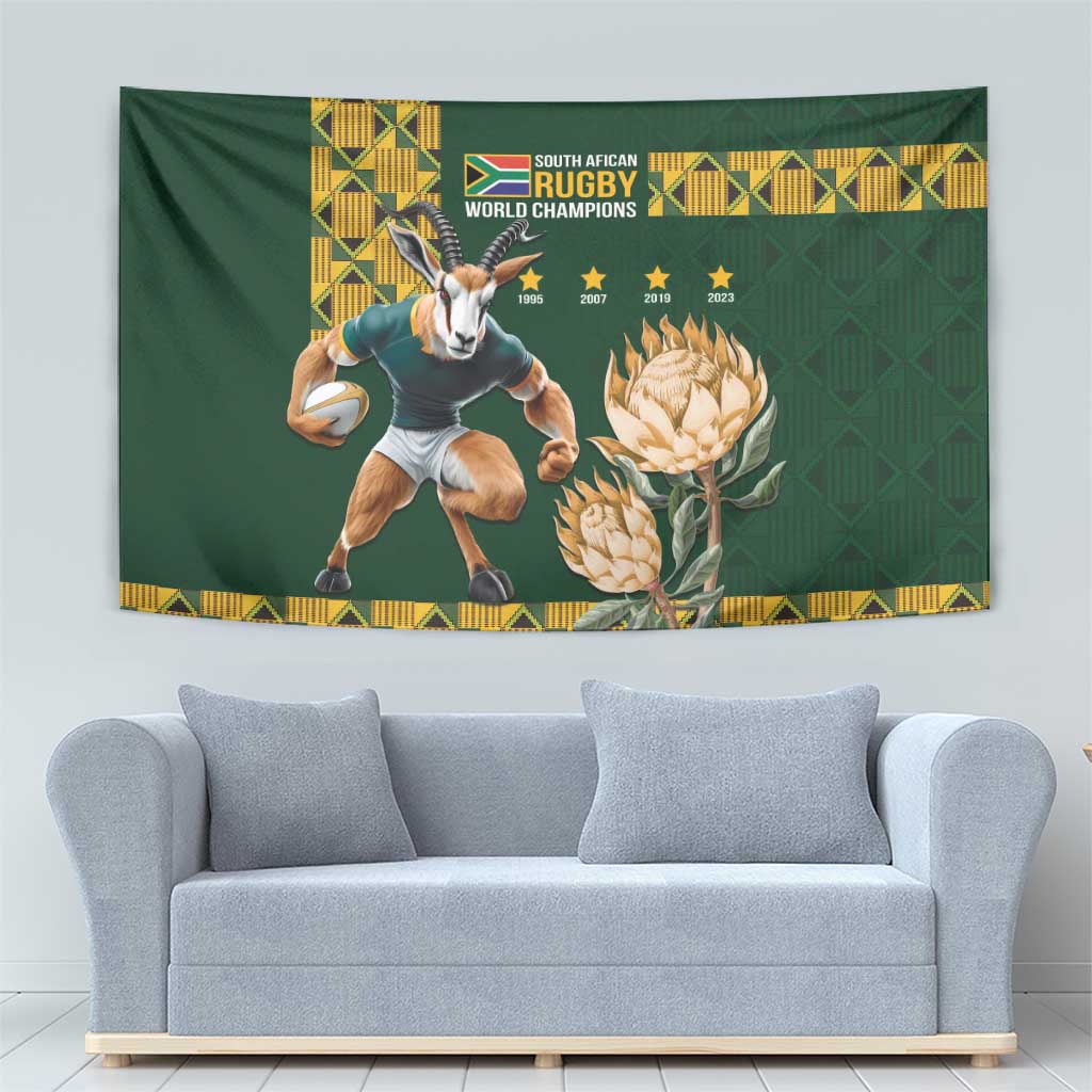 Green rugby world champions tapestry with Springbok player, protea blooms, and gold star badges