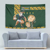 Green rugby world champions tapestry with Springbok player, protea blooms, and gold star badges