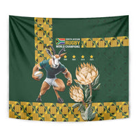 Green rugby world champions tapestry close view with player, gold emblem, and protea blossoms