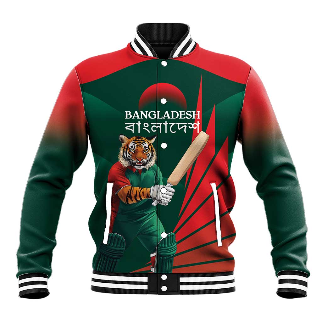 Red and green varsity baseball jacket with tiger mascot and Bangladesh graphic, snap front